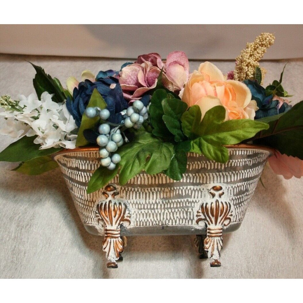 Vintage Metal Bathtub with Colorful Flowers Decorative Accessory